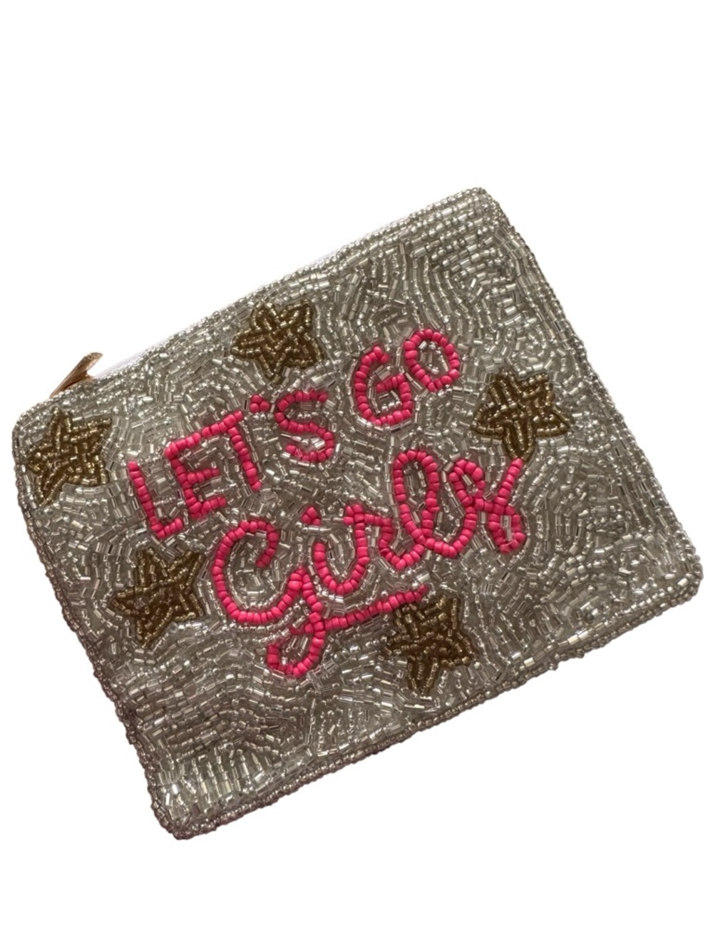Handmade Let’s Go Girls Beaded Coin Purse Pink Gold Star Zipper Pouch Purse NWT